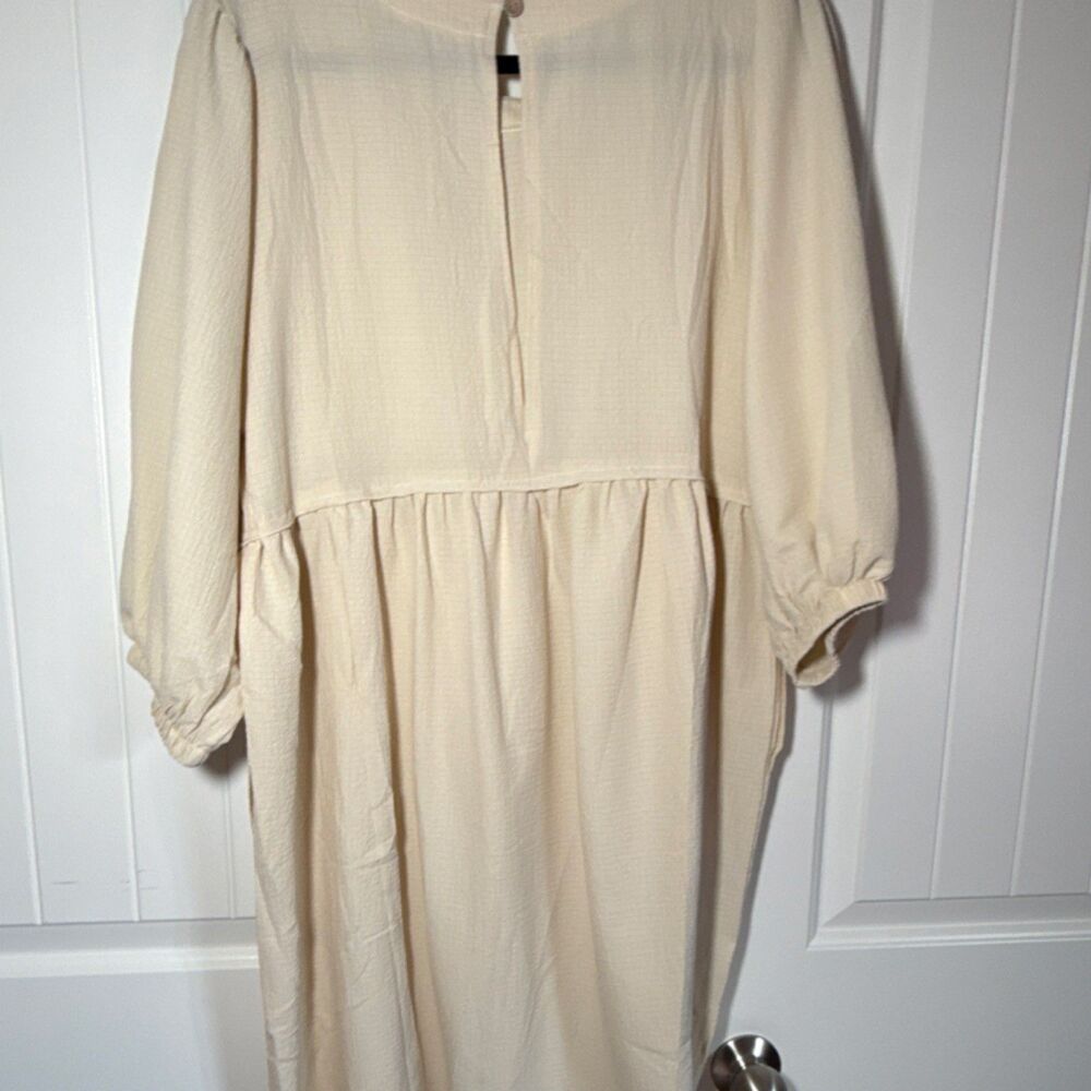 AIMAGE Beige Fit & Flare Midi Dress Button Pleated Pockets 3/4 Balloon Sleeve L - Picture 6 of 11